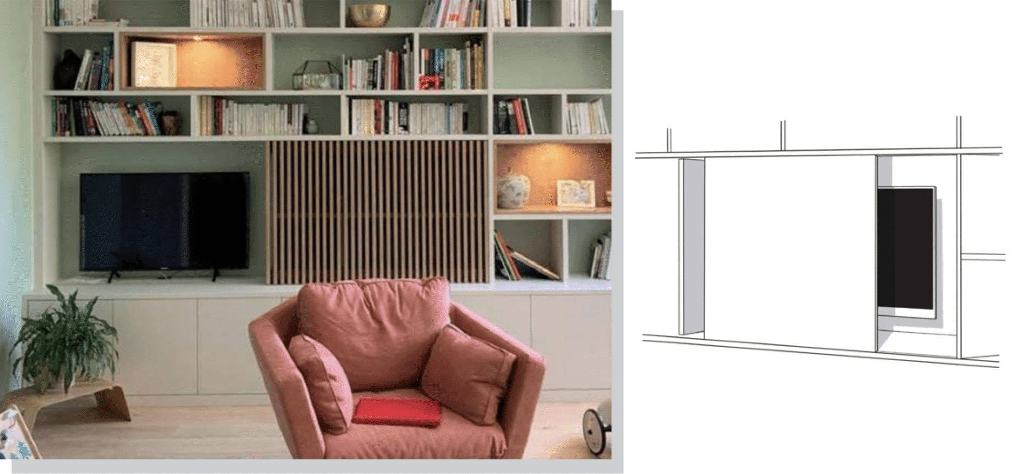 Bibliothèque sur mesure : guide complet des meilleures solutions 2026 1 Bibliothèque sur mesure intégrant une niche pour téléviseur et rangements fermés