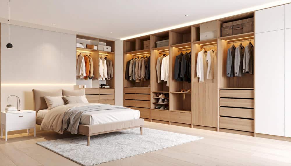 Dressing sur mesure Leroy Merlin : guide pratique et 5 critères essentiels pour bien choisir 2 Intérieur de dressing sur mesure avec tiroirs, étagères et penderies parfaitement organisés